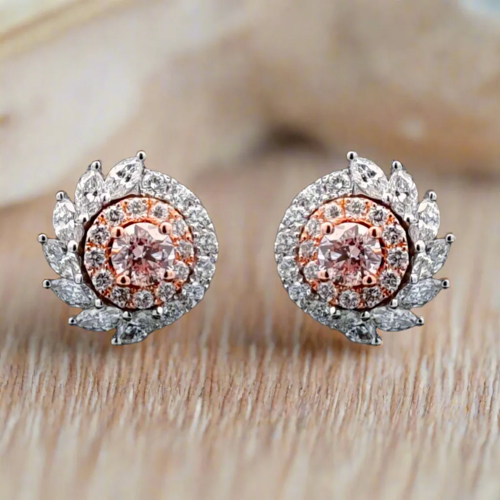 Michaela 1 Carat Round Brilliant Cut Pink Diamond Earrings in 14k Rose & White Gold