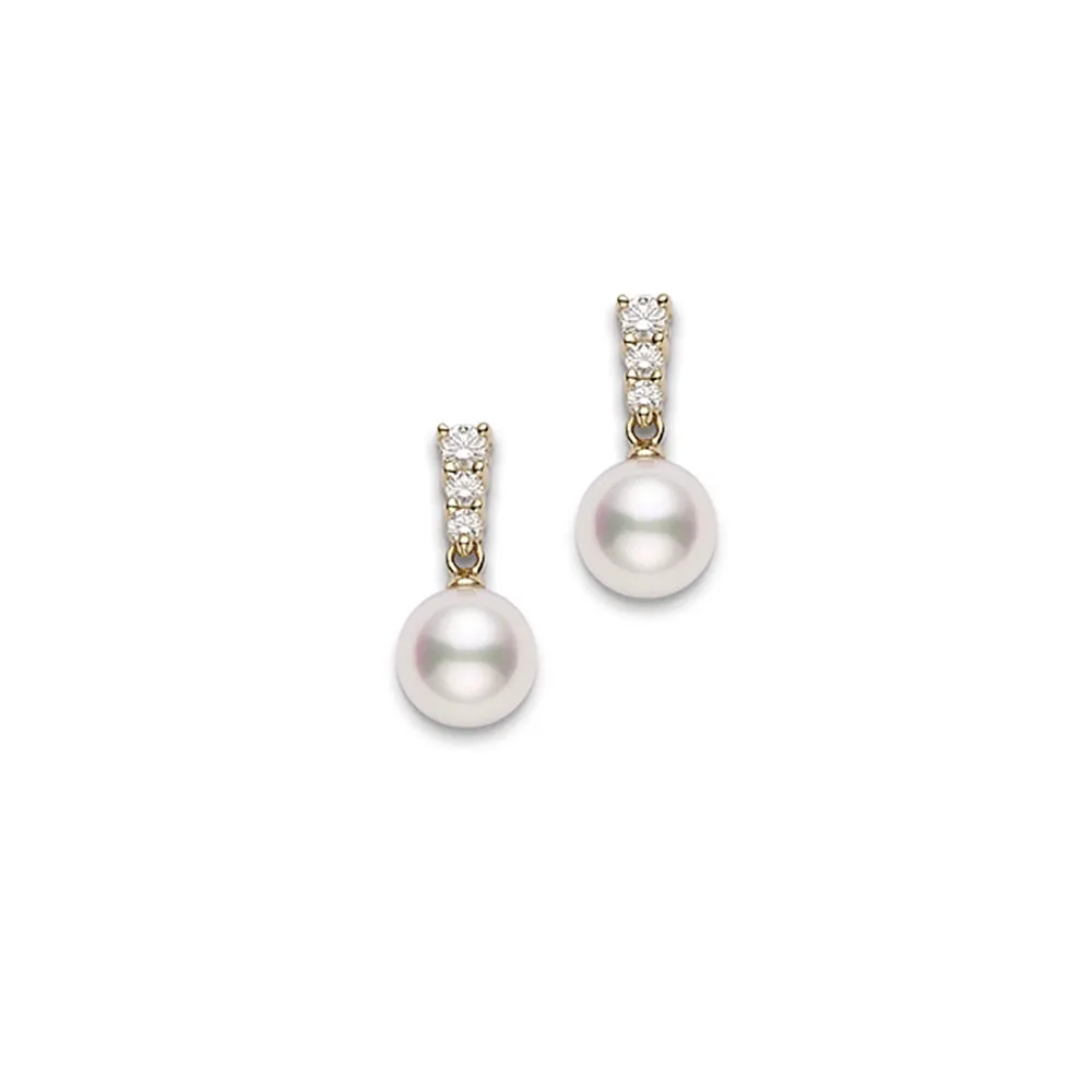 Mikimoto 18K Yellow Gold Diamond & Pearl Dangle Earrings