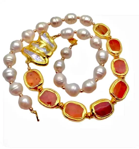 Orange Carnelian and Freshwater Pearls Gemstone Statement Necklace 23”