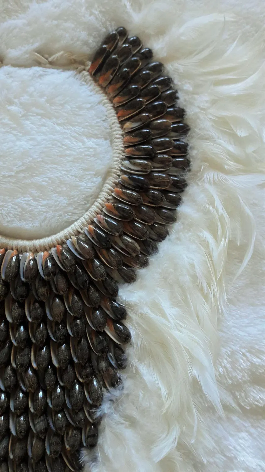 Papua Native Warrior necklace White feathers and brown  shells.