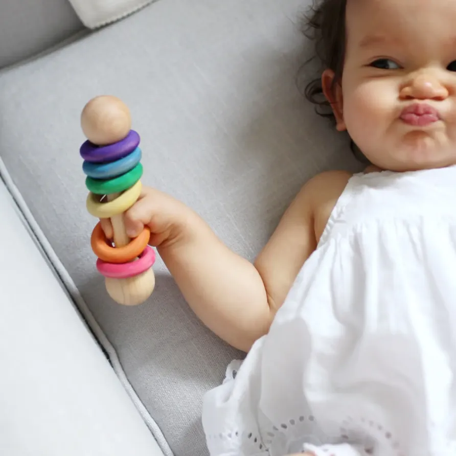 Rainbow · Handmade Classic Wooden Baby Rattle · Classic all-wood Rattle with Five Rings