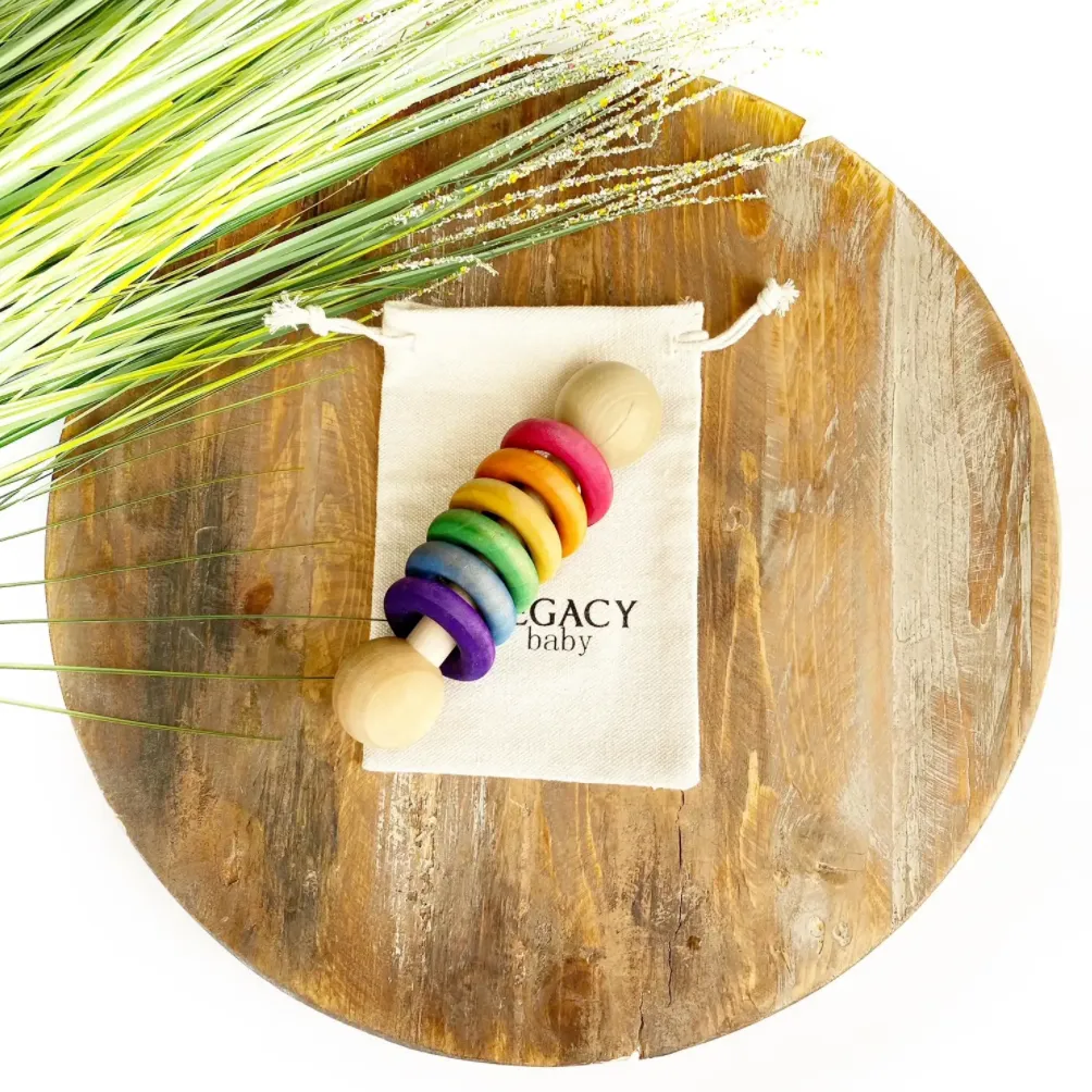 Rainbow · Handmade Classic Wooden Baby Rattle · Classic all-wood Rattle with Five Rings