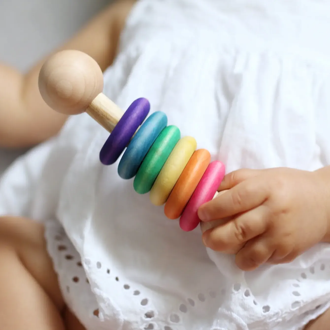 Rainbow · Handmade Classic Wooden Baby Rattle · Classic all-wood Rattle with Five Rings