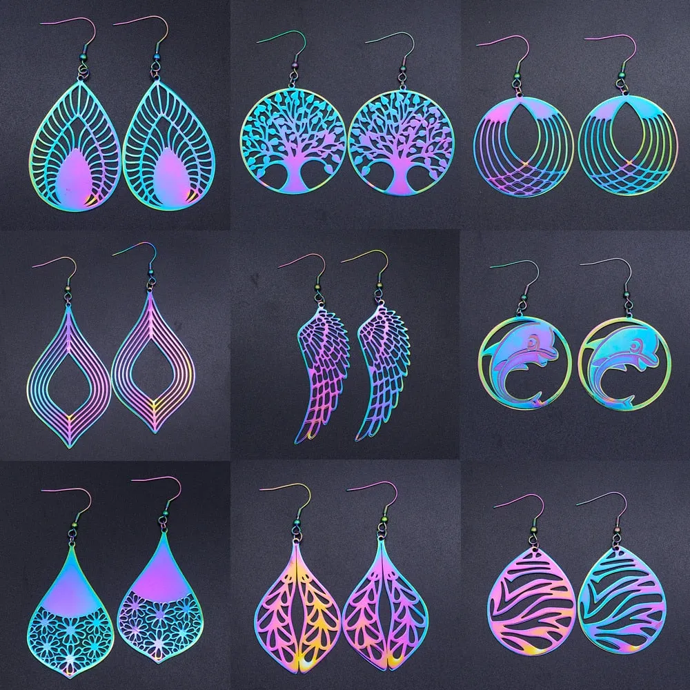 Rainbow Tree of Life Fashion Drop Earring for Women Angel Wing Geometric Waterdrop Statement Earrings