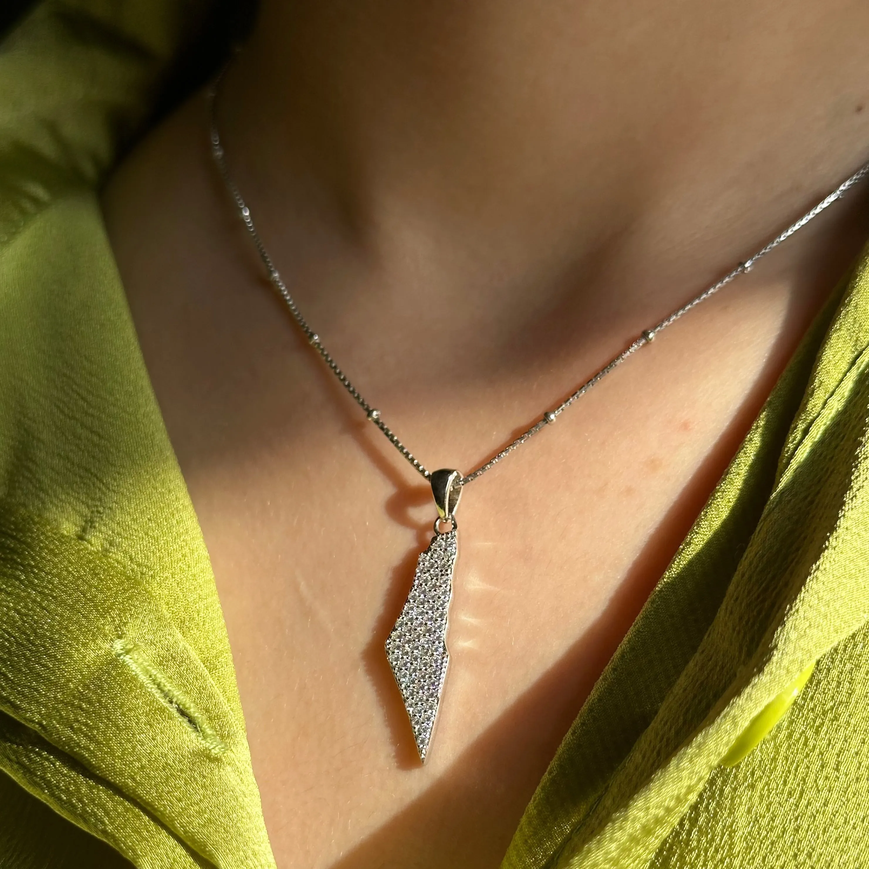 Silver Palestine map necklace with Zircon سنسال خريطة فلسطين مع زركون