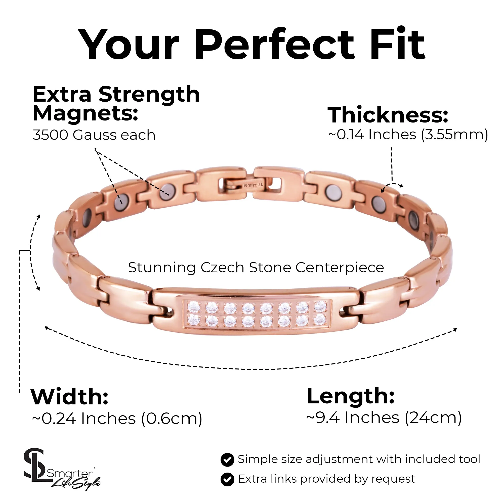 Sparkling Womens Czech Crystal Titanium Magnetic Therapy Bracelet - 7.8 Inches (20cm) / Rose Gold