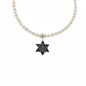 Star Of David Sterling Silver White Pearl Necklace