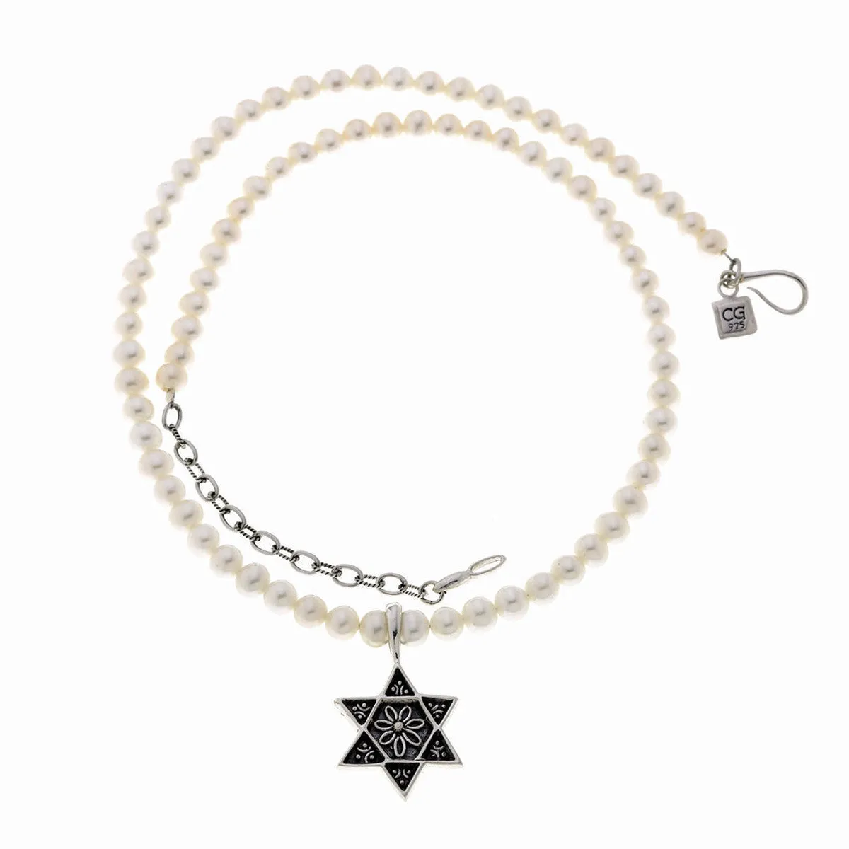 Star Of David Sterling Silver White Pearl Necklace