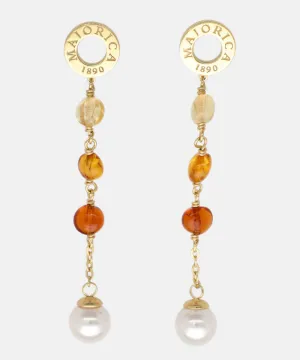 Sterling Silver Gold Plated Long 2.5" Earrings, for Women with Post and Organic Pearl, 8mm Round White Pearls and Amber Murano Crystals, Algaida Collection