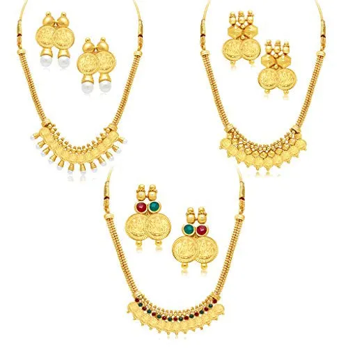 Sukkhi Exquitely Laxmi Coin Temple Gold Plated Set of 3 Necklace Set Combo For Women