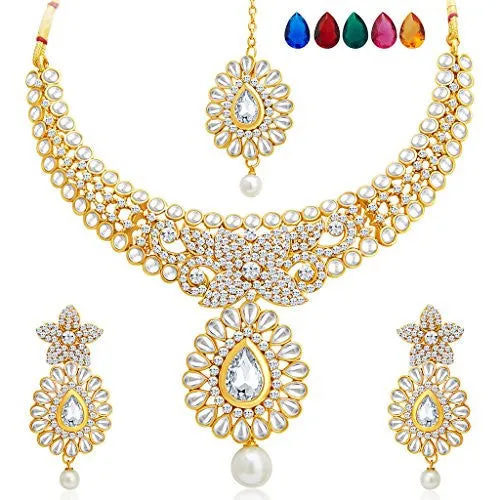 Sukkhi Traditionally Gold Plated AD Necklace Set with Set of 5 Changeable Stone For Women