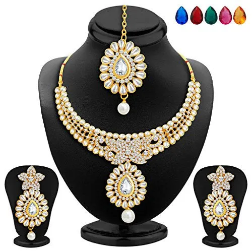 Sukkhi Traditionally Gold Plated AD Necklace Set with Set of 5 Changeable Stone For Women