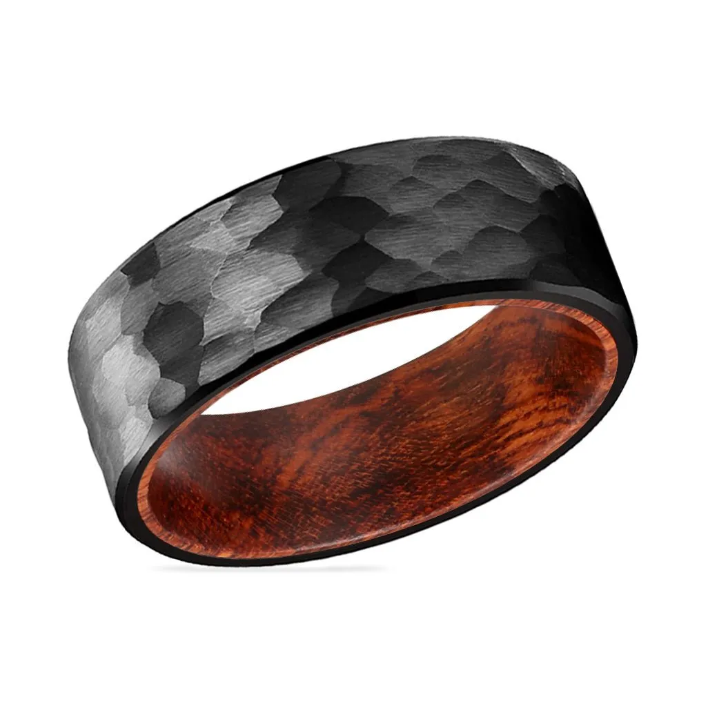 TANGLE | Snake Wood, Black Tungsten Ring, Hammered, Flat