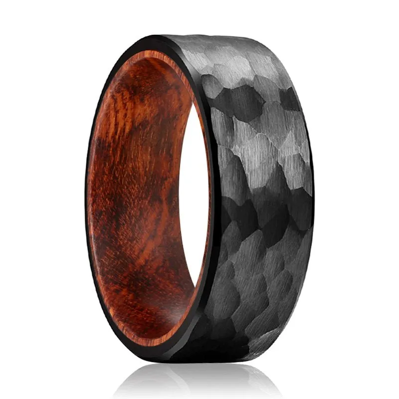 TANGLE | Snake Wood, Black Tungsten Ring, Hammered, Flat