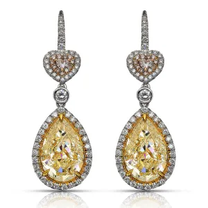 TAYLOR 12 CARAT FANCY YELLOW PEAR  AND HEART SHAPE PINK DIAMOND DROP EARRINGS  IN PLATINUM GIA CERTIFIED BY MIKE NEKTA