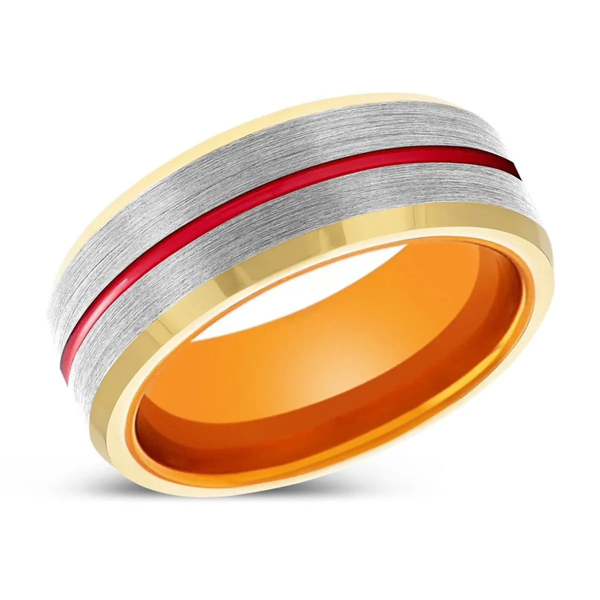 TRIBAL | Orange Ring, Silver Tungsten Ring, Red Groove, Gold Beveled Edge