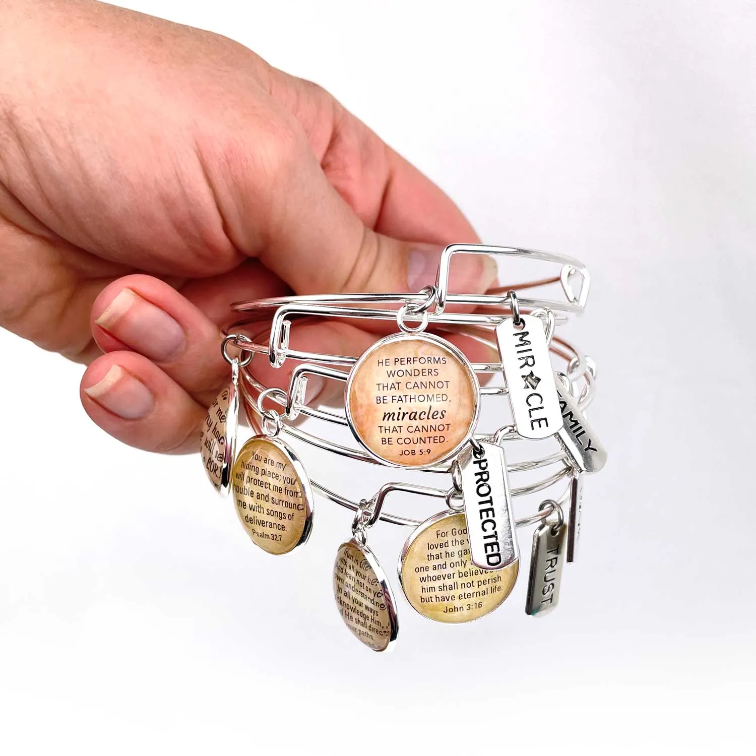 Trust and Scripture Charm Bangle Bracelet - Psalm 32:7 Word Scripture Christian Affirmations Jewelry, Silver