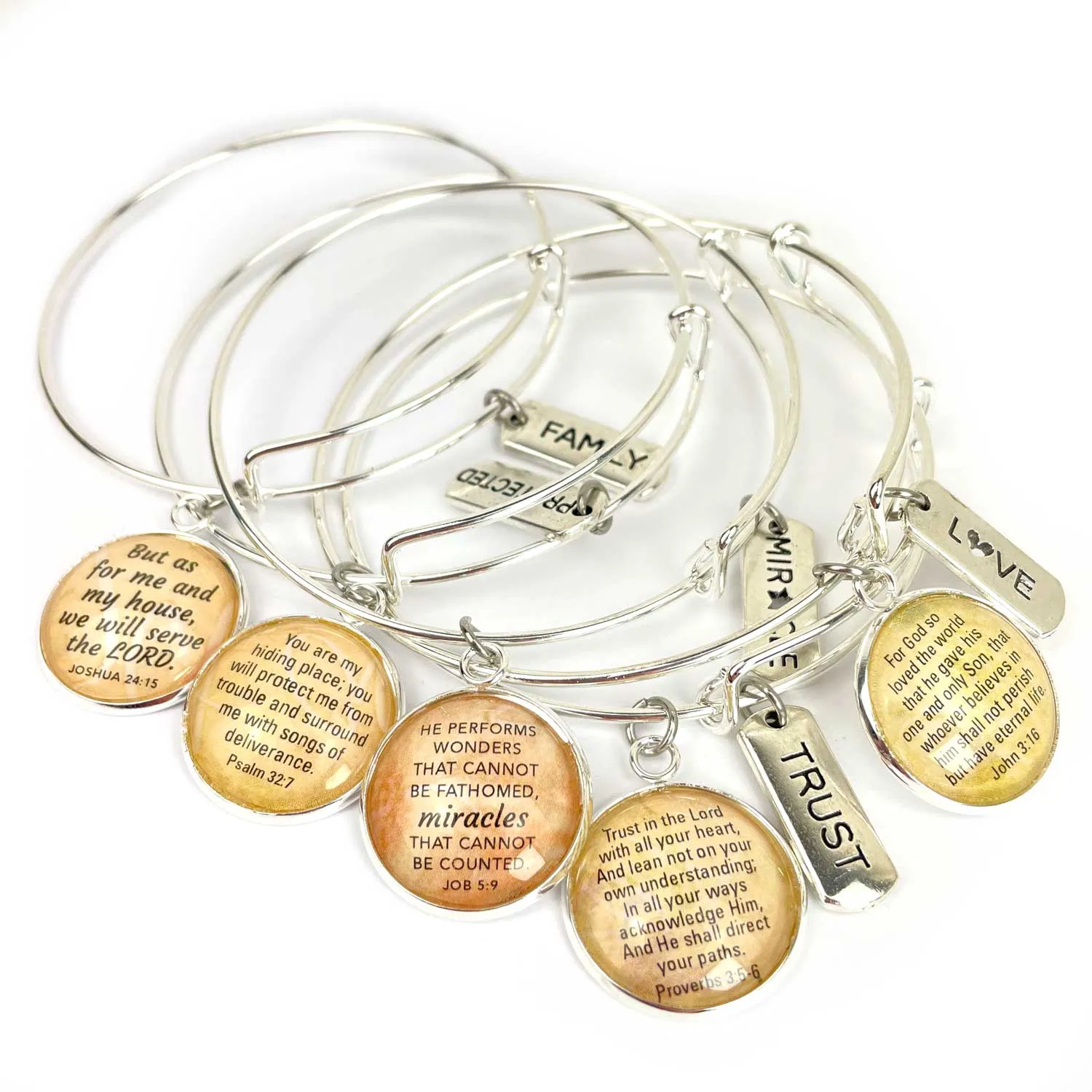 Trust and Scripture Charm Bangle Bracelet - Psalm 32:7 Word Scripture Christian Affirmations Jewelry, Silver