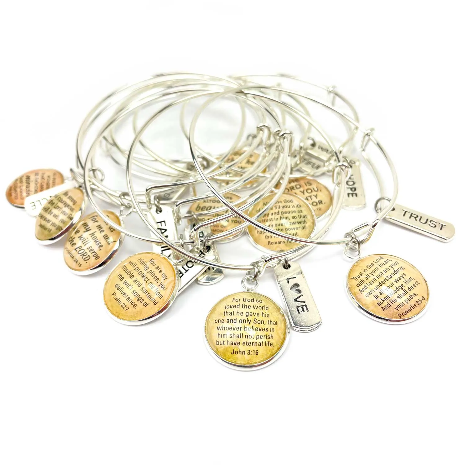 Trust and Scripture Charm Bangle Bracelet - Psalm 32:7 Word Scripture Christian Affirmations Jewelry, Silver