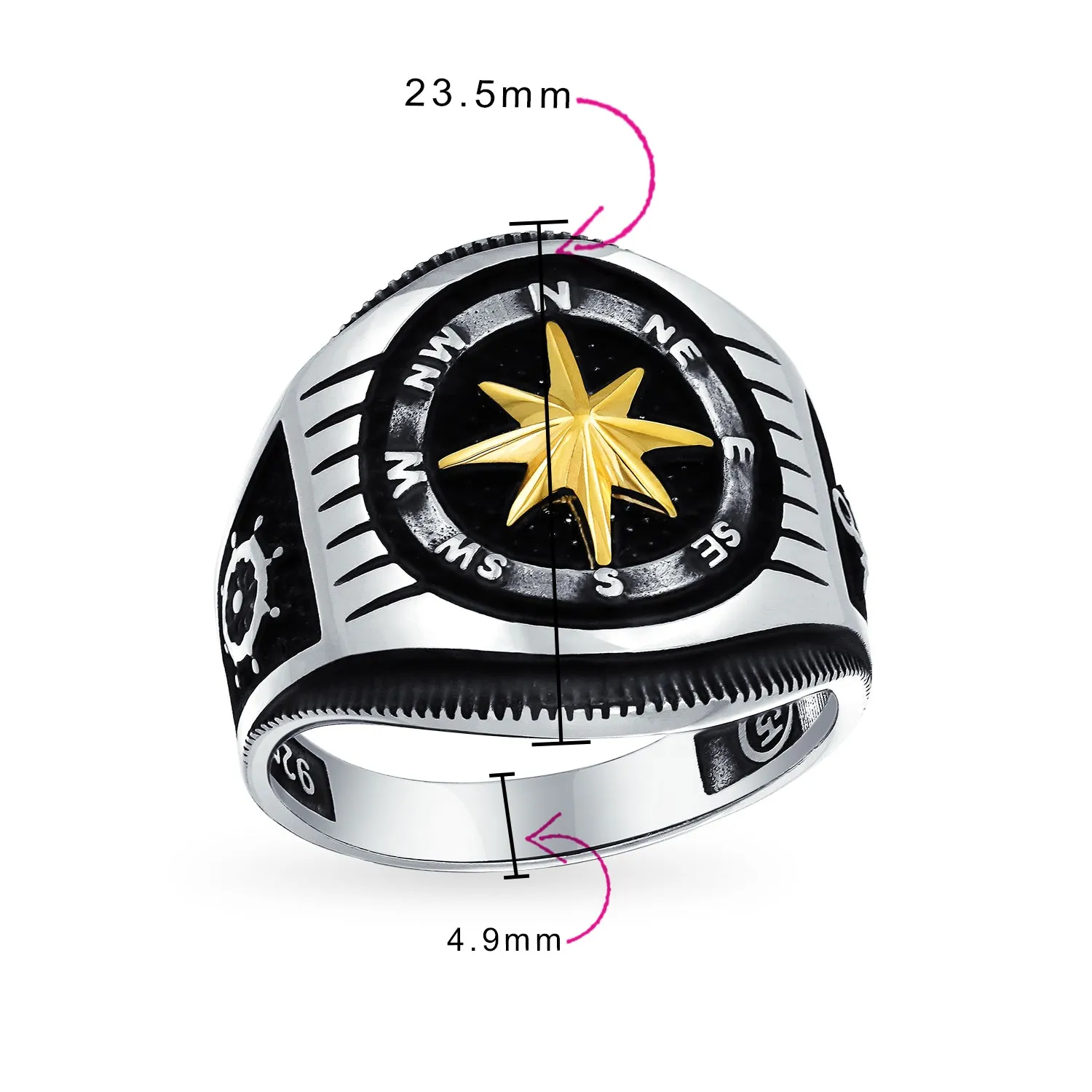 Two Tone Mens Silver Ring Nautical Boat Wheel Viking Compass Signet Black Gold