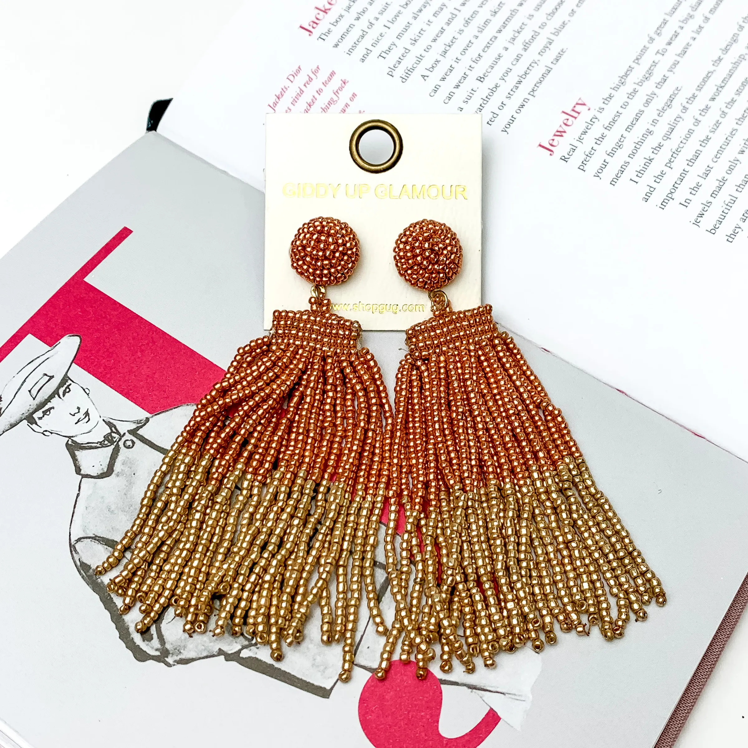 Two Toned Beaded Tassel Fringe Earrings in Rose Gold and Gold Tone