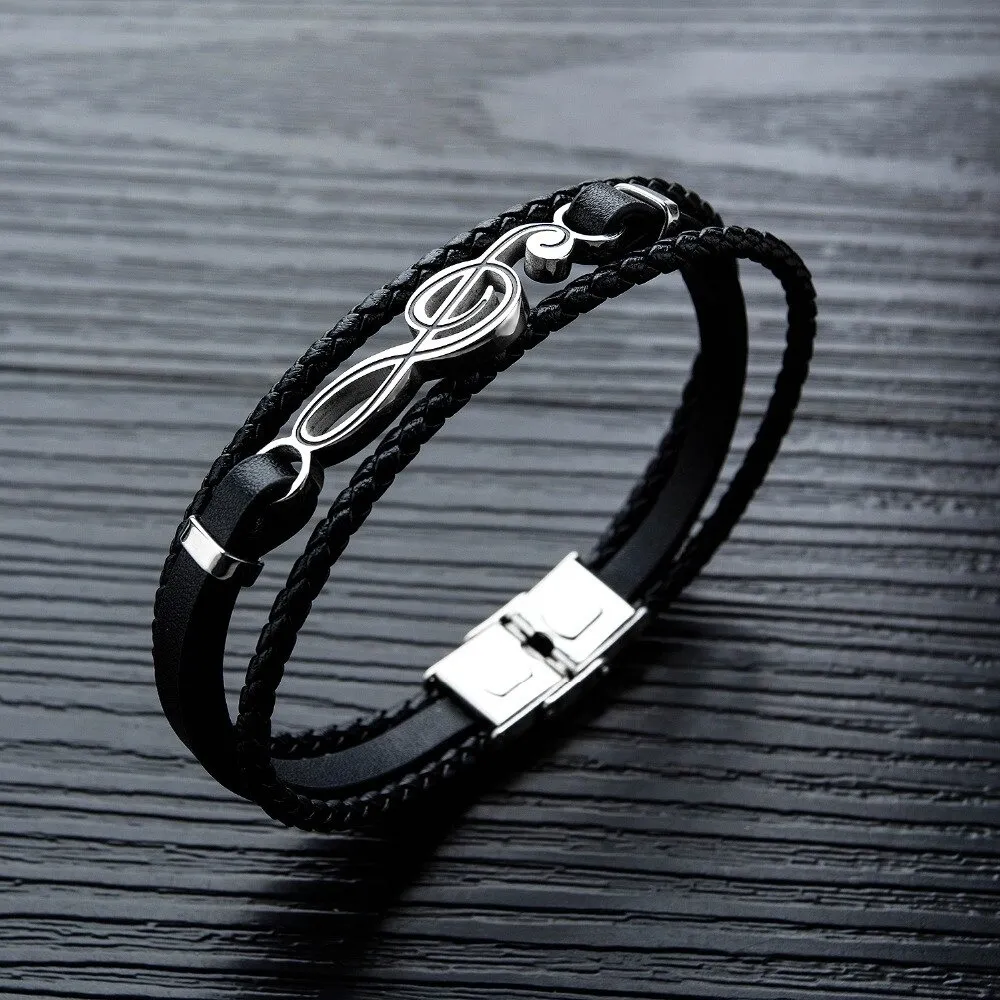 Unique Musical Symbol Bracelets / Men's PU Leather Bracelets / Punk Rock Rope Bangles