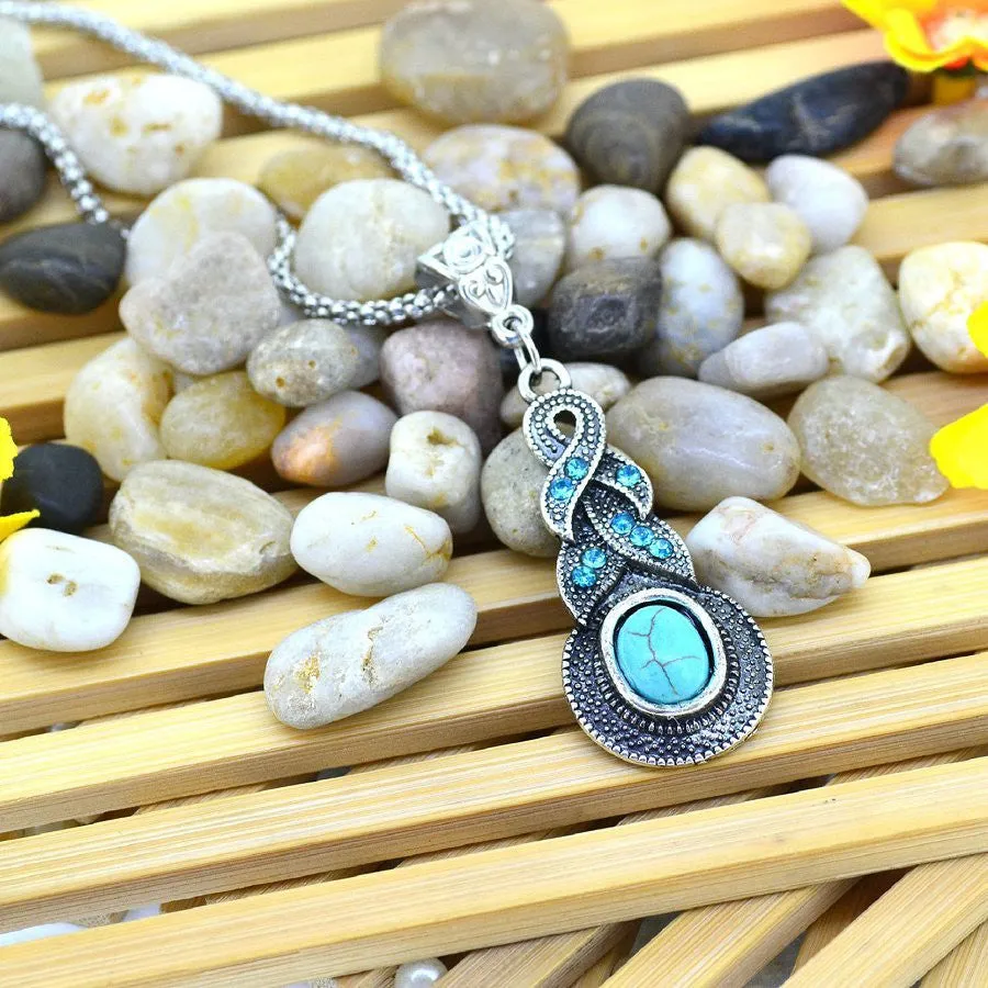 Vintage Necklace For Women Elegant Geometric long Pendant Charming Women Silver Metal Turquoise necklace Women's Jewelry