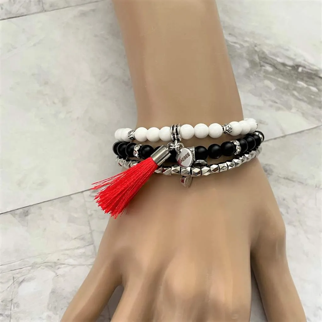 White Czech Glass Beaded Bracelet with Red Tassel