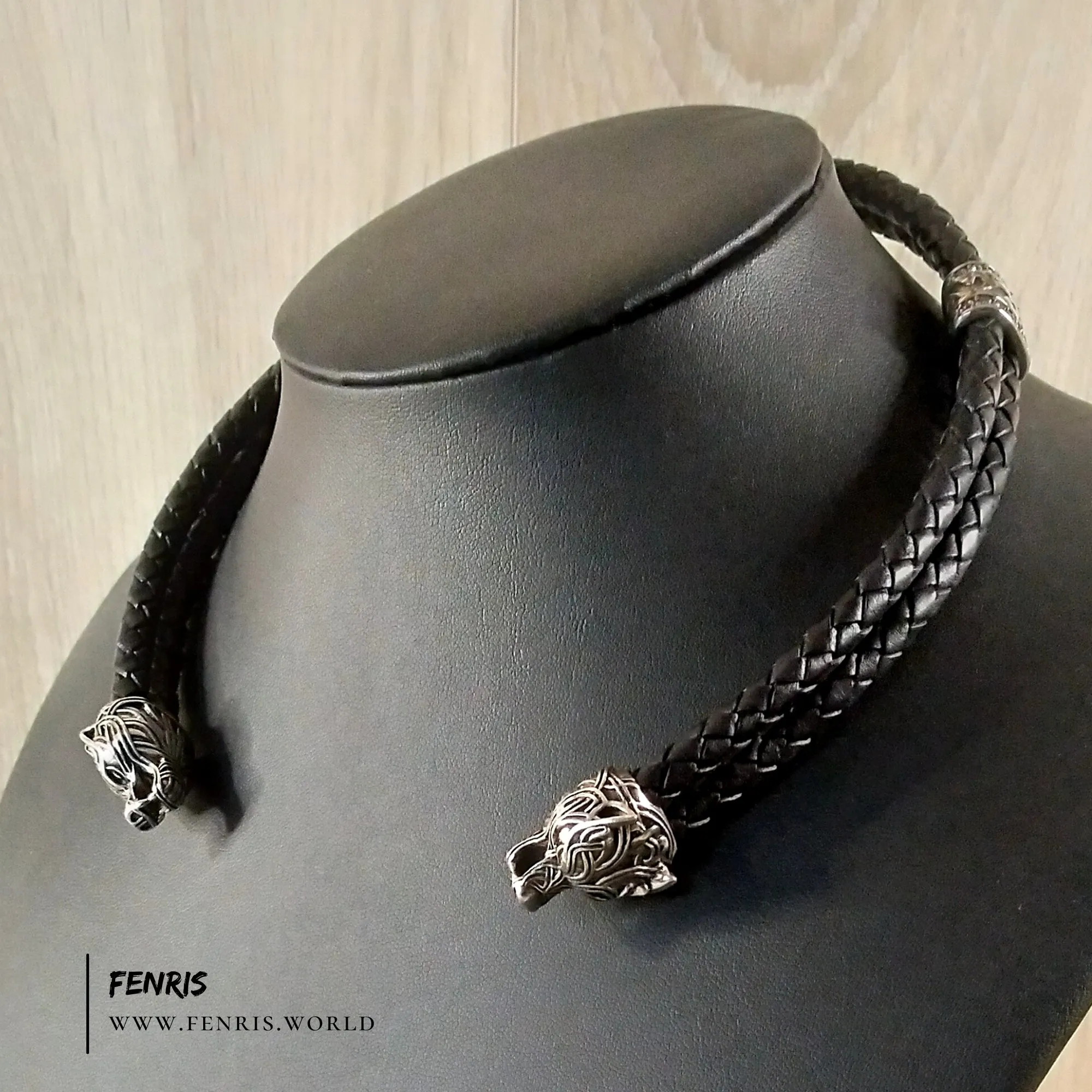 Wolf Torc Silver Black Leather Double Band | Fenris