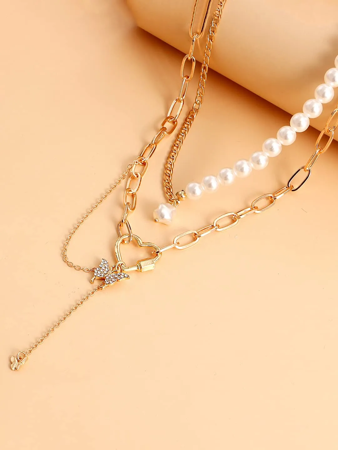 Yellow Chimes Necklace for Women and Girls Fashion Gold Layered Necklace | Western Multilayer Pearl Heart Chain Choker Necklace For women | Birthday Gift for Girls & Women Anniversary Gift for Wife